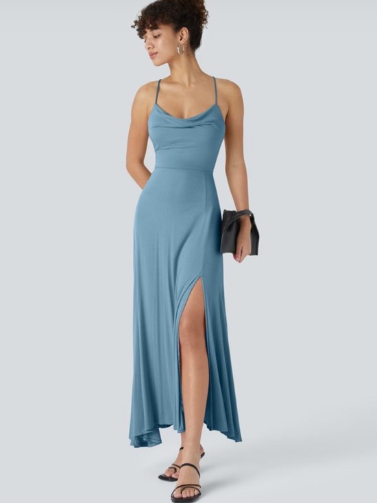 HALARA Dresses & Skirts - NWTs HALARA Cowl Neck Lace Up Midi Dress in Rainy Sky Blue Size Small
